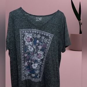 Terra & Sky Dark Gray Floral Blouse